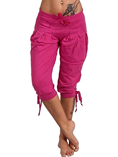 Tomwell Damen Hose Bermuda Sommer Stoffhose Freizeithose Elastischer Bund Mit Taschen Casual 3/4 Hose Kurze Hose Jogginghose Fitness Trainingshose Sporthose Bleistifthose W Rose M von Tomwell