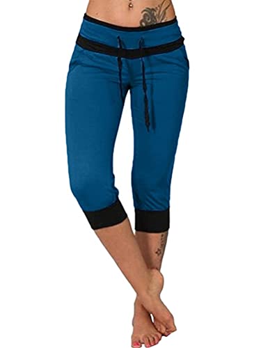 Tomwell Damen Hose Sommer Stoffhose Freizeithose Elastischer Bund Mit Taschen Casual 3/4 Hose Slim Fit Jogginghose Trainingshose Sporthose Bleistifthose Blau XL von Tomwell