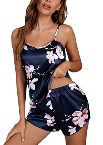 Tomwell Damen Hosenträger Pyjamas Home Shorts Zweiteiliger Pyjama Sexy Pyjama-Set mit V-Ausschnitt Mode Ärmelloses Tshirt Basic Top Blau XL von Tomwell