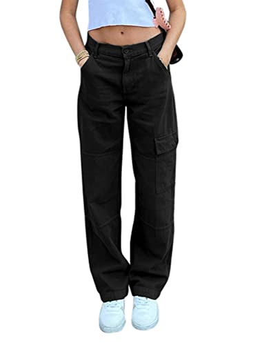 Tomwell Damen Jeanshosen Vintage Jeans Hohe Taille Jeans Y2K Style Denim Hose Baggy Jeans Weites Bein Gerade Denim Hose Straight Lose Harajuku E-Girl Streetwear Lässig Hosen C Schwarz L von Tomwell