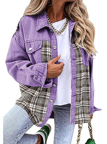 Tomwell Damen Jeansjacke Kurz Slim Fit Sommerjacke Übergangsjacke Boyfriend Outdoor Vintage Jacke Outwear Herbst und Winter Coat Tops C Violett S von Tomwell