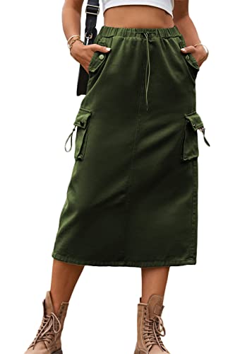 Tomwell Damen Jeansrock Knielang Vintage Freizeit Mittellanger Rock Sommer Einfarbig Mode Denim Midirock A Armeegrün XL von Tomwell