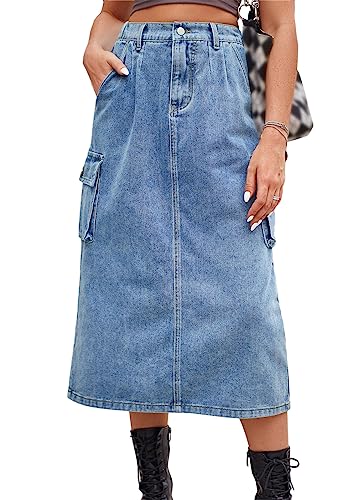 Tomwell Damen Jeansrock Knielang Vintage Freizeit Mittellanger Rock Sommer Einfarbig Mode Denim Midirock C Blau XXL von Tomwell