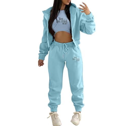 Tomwell Damen Jogginganzug Fleece Kapuzen Sportswear Freizeitanzug Dreiteiliger Sport Freizeitanzug Sportswear mit Tasche Reißverschluss Hoodie + Weste + Sporthose A Blau L von Tomwell