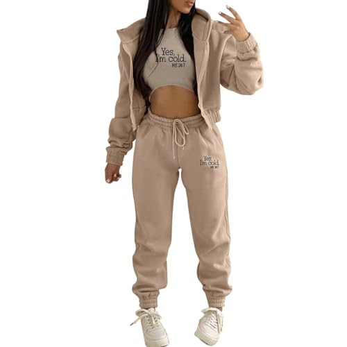 Tomwell Damen Jogginganzug Fleece Kapuzen Sportswear Freizeitanzug Dreiteiliger Sport Freizeitanzug Sportswear mit Tasche Reißverschluss Hoodie + Weste + Sporthose A Khaki L von Tomwell