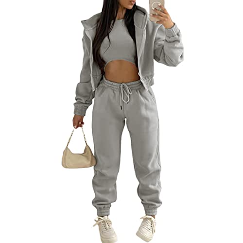 Tomwell Damen Jogginganzug Fleece Kapuzen Sportswear Freizeitanzug Dreiteiliger Sport Freizeitanzug Sportswear mit Tasche Reißverschluss Hoodie + Weste + Sporthose Grau M von Tomwell