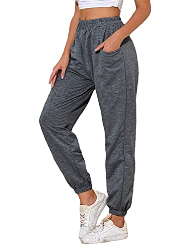 Tomwell Damen Jogginghose Sporthose Casual Lange Hose Elastischer Bund Trainingshose mit Taschen High Waist Loose Fit Sweathose Freizeithosen für Yoga Gym Fitness B Dunkelgrau M von Tomwell