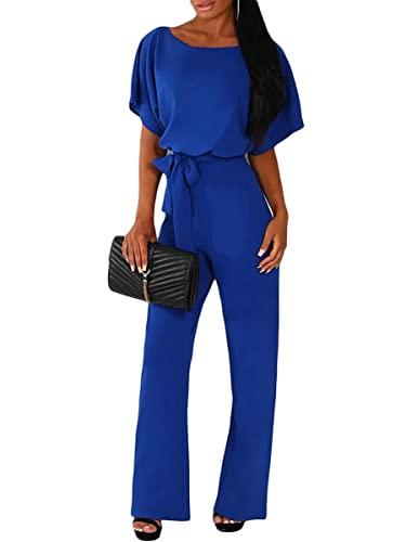 Tomwell Damen Jumpsuit, Sommer Elegant Einfarbiger Spitze Schlanker Gürtel Einteiliger Heimoverall Lässigen Lang Jumpsuit Overall Hosenanzug Playsuit Romper Blau XL von Tomwell