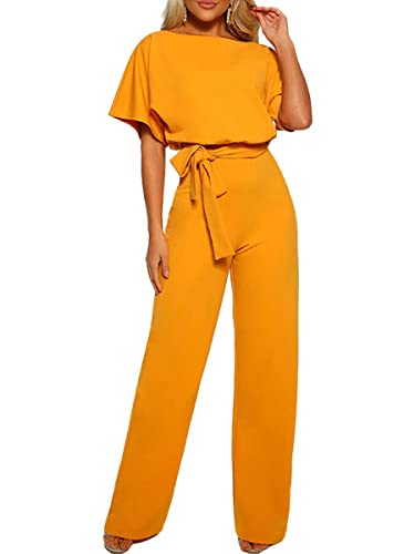 Tomwell Damen Jumpsuit, Sommer Elegant Einfarbiger Spitze Schlanker Gürtel Einteiliger Heimoverall Lässigen Lang Jumpsuit Overall Hosenanzug Playsuit Romper Gelb 3XL von Tomwell