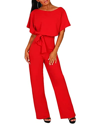 Tomwell Damen Jumpsuit Sommer Elegant Einfarbiger Spitze Schlanker Gürtel Einteiliger Heimoverall Lässigen Lang Jumpsuit Overall Hosenanzug Playsuit Romper Rot XL von Tomwell