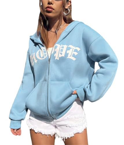 Tomwell Damen Kapuzenjacke Zip Up Hoodies Casual Los Angeles Brief Sweatshirt Oversized Kapuzenpullover mit Buchstaben Grafik Vintage Kordelzug Sweatjacke mit Kapuze Tops A Blau XS von Tomwell