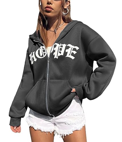 Tomwell Damen Kapuzenjacke Zip Up Hoodies Casual Los Angeles Brief Sweatshirt Oversized Kapuzenpullover mit Buchstaben Grafik Vintage Kordelzug Sweatjacke mit Kapuze Tops A Dunkelgrau XS von Tomwell