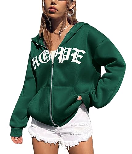 Tomwell Damen Kapuzenjacke Zip Up Hoodies Casual Los Angeles Brief Sweatshirt Oversized Kapuzenpullover mit Buchstaben Grafik Vintage Kordelzug Sweatjacke mit Kapuze Tops A Dunkelgrün M von Tomwell