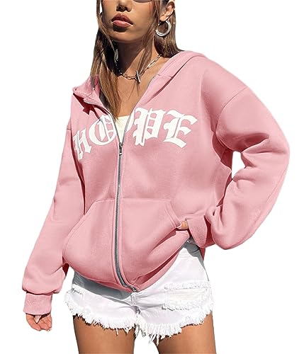 Tomwell Damen Kapuzenjacke Zip Up Hoodies Casual Los Angeles Brief Sweatshirt Oversized Kapuzenpullover mit Buchstaben Grafik Vintage Kordelzug Sweatjacke mit Kapuze Tops A Rosa XS von Tomwell