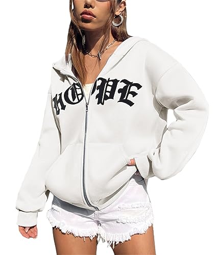 Tomwell Damen Kapuzenjacke Zip Up Hoodies Casual Los Angeles Brief Sweatshirt Oversized Kapuzenpullover mit Buchstaben Grafik Vintage Kordelzug Sweatjacke mit Kapuze Tops A Weiß XS von Tomwell