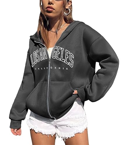Tomwell Damen Kapuzenjacke Zip Up Hoodies Casual Los Angeles Brief Sweatshirt Oversized Kapuzenpullover mit Buchstaben Grafik Vintage Kordelzug Sweatjacke mit Kapuze Tops B Dunkelgrau XXL von Tomwell