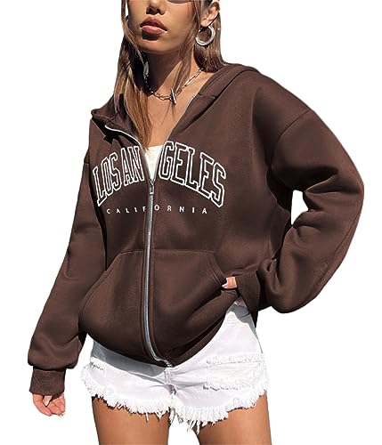 Tomwell Damen Kapuzenjacke Zip Up Hoodies Casual Los Angeles Brief Sweatshirt Oversized Kapuzenpullover mit Buchstaben Grafik Vintage Kordelzug Sweatjacke mit Kapuze Tops B Kaffee S von Tomwell