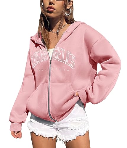 Tomwell Damen Kapuzenjacke Zip Up Hoodies Casual Los Angeles Brief Sweatshirt Oversized Kapuzenpullover mit Buchstaben Grafik Vintage Kordelzug Sweatjacke mit Kapuze Tops B Rosa M von Tomwell