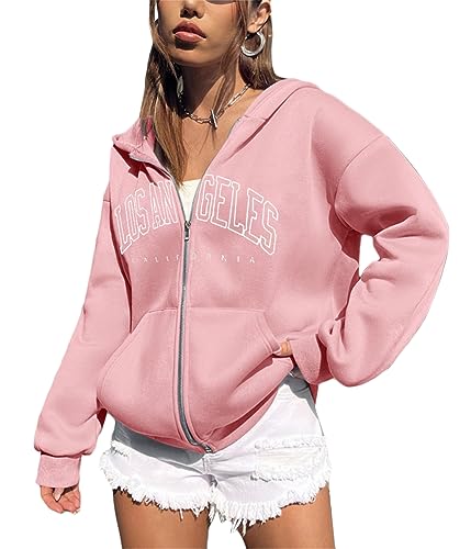 Tomwell Damen Kapuzenjacke Zip Up Hoodies Casual Los Angeles Brief Sweatshirt Oversized Kapuzenpullover mit Buchstaben Grafik Vintage Kordelzug Sweatjacke mit Kapuze Tops B Rosa XXL von Tomwell