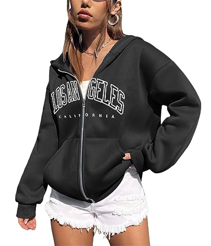 Tomwell Damen Kapuzenjacke Zip Up Hoodies Casual Los Angeles Brief Sweatshirt Oversized Kapuzenpullover mit Buchstaben Grafik Vintage Kordelzug Sweatjacke mit Kapuze Tops B Schwarz XXL von Tomwell