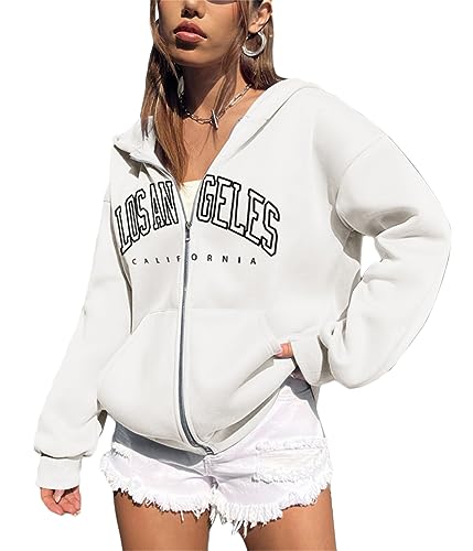 Tomwell Damen Kapuzenjacke Zip Up Hoodies Casual Los Angeles Brief Sweatshirt Oversized Kapuzenpullover mit Buchstaben Grafik Vintage Kordelzug Sweatjacke mit Kapuze Tops B Weiß L von Tomwell