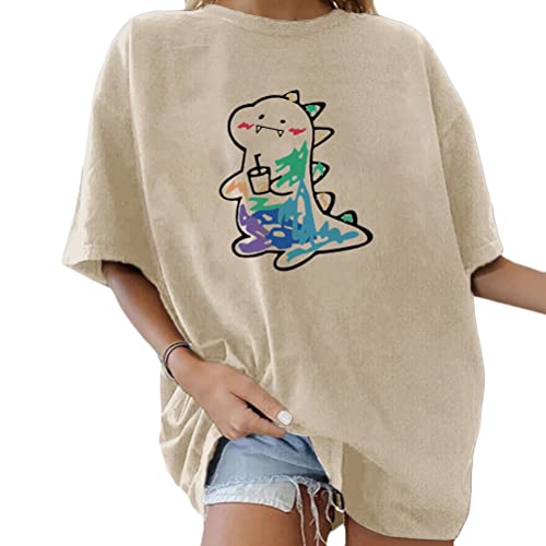 Tomwell Damen Kawaii T-Shirt Kurzarm Sport Sommer Rundhals Oversize Oberteile mit Dinosaurier Muster Druck Sweatshirt Lose Bluse Pullover Tunika Lang Teenager Mädchen Top A Aprikose S von Tomwell