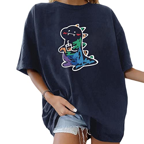 Tomwell Damen Kawaii T-Shirt Kurzarm Sport Sommer Rundhals Oversize Oberteile mit Dinosaurier Muster Druck Sweatshirt Lose Bluse Pullover Tunika Lang Teenager Mädchen Top A Marineblau XL von Tomwell