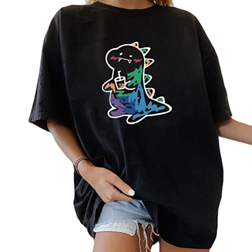 Tomwell Damen Kawaii T-Shirt Kurzarm Sport Sommer Rundhals Oversize Oberteile mit Dinosaurier Muster Druck Sweatshirt Lose Bluse Pullover Tunika Lang Teenager Mädchen Top A Schwarz XL von Tomwell