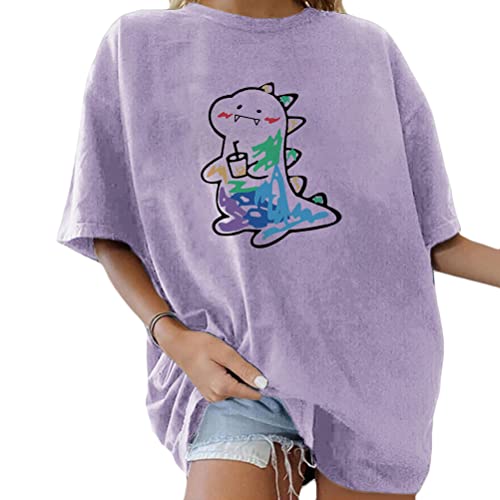 Tomwell Damen Kawaii T-Shirt Kurzarm Sport Sommer Rundhals Oversize Oberteile mit Dinosaurier Muster Druck Sweatshirt Lose Bluse Pullover Tunika Lang Teenager Mädchen Top A Violett M von Tomwell