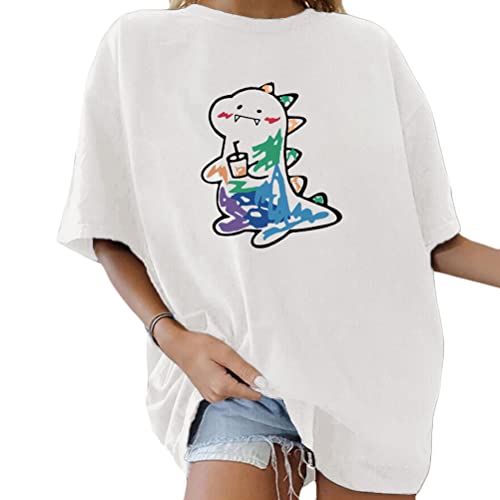 Tomwell Damen Kawaii T-Shirt Kurzarm Sport Sommer Rundhals Oversize Oberteile mit Dinosaurier Muster Druck Sweatshirt Lose Bluse Pullover Tunika Lang Teenager Mädchen Top A Weiß L von Tomwell