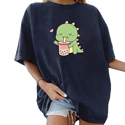 Tomwell Damen Kawaii T-Shirt Kurzarm Sport Sommer Rundhals Oversize Oberteile mit Dinosaurier Muster Druck Sweatshirt Lose Bluse Pullover Tunika Lang Teenager Mädchen Top B Marineblau S von Tomwell