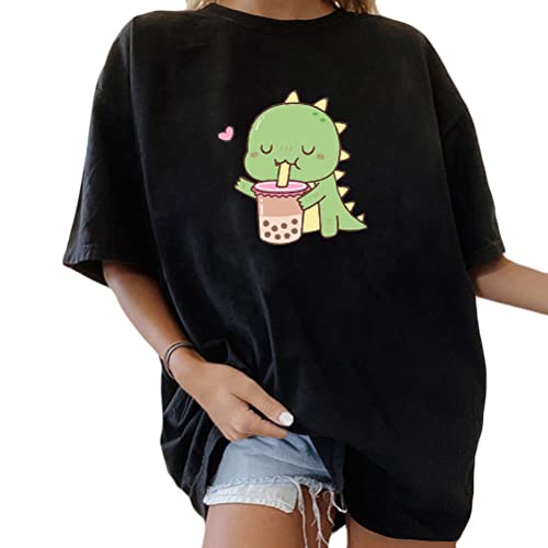 Tomwell Damen Kawaii T-Shirt Kurzarm Sport Sommer Rundhals Oversize Oberteile mit Dinosaurier Muster Druck Sweatshirt Lose Bluse Pullover Tunika Lang Teenager Mädchen Top B Schwarz L von Tomwell