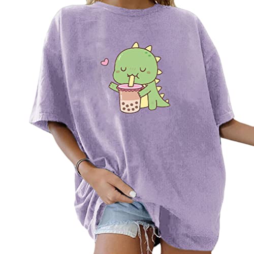 Tomwell Damen Kawaii T-Shirt Kurzarm Sport Sommer Rundhals Oversize Oberteile mit Dinosaurier Muster Druck Sweatshirt Lose Bluse Pullover Tunika Lang Teenager Mädchen Top B Violett L von Tomwell