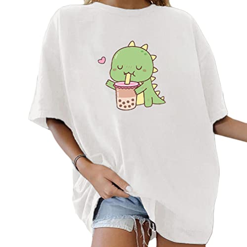 Tomwell Damen Kawaii T-Shirt Kurzarm Sport Sommer Rundhals Oversize Oberteile mit Dinosaurier Muster Druck Sweatshirt Lose Bluse Pullover Tunika Lang Teenager Mädchen Top B Weiß XS von Tomwell