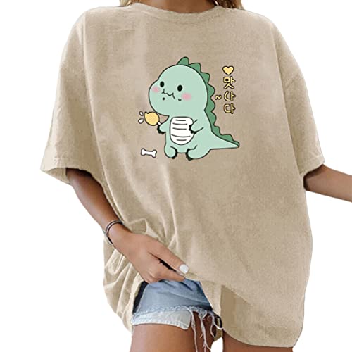 Tomwell Damen Kawaii T-Shirt Kurzarm Sport Sommer Rundhals Oversize Oberteile mit Dinosaurier Muster Druck Sweatshirt Lose Bluse Pullover Tunika Lang Teenager Mädchen Top C Aprikose S von Tomwell