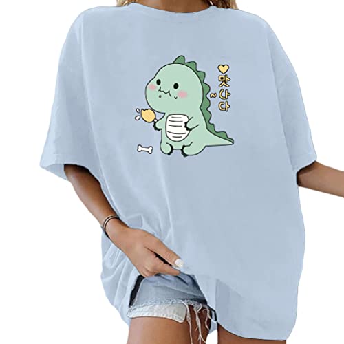 Tomwell Damen Kawaii T-Shirt Kurzarm Sport Sommer Rundhals Oversize Oberteile mit Dinosaurier Muster Druck Sweatshirt Lose Bluse Pullover Tunika Lang Teenager Mädchen Top C Blau XL von Tomwell