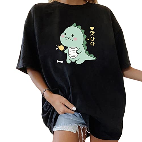 Tomwell Damen Kawaii T-Shirt Kurzarm Sport Sommer Rundhals Oversize Oberteile mit Dinosaurier Muster Druck Sweatshirt Lose Bluse Pullover Tunika Lang Teenager Mädchen Top C Schwarz L von Tomwell