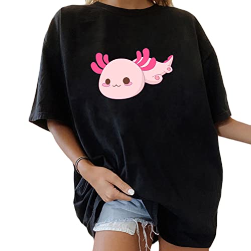 Tomwell Damen Kawaii T-Shirt Kurzarm Sport Sommer Rundhals Oversize Oberteile mit Dinosaurier Muster Druck Sweatshirt Lose Bluse Pullover Tunika Lang Teenager Mädchen Top D Schwarz M von Tomwell