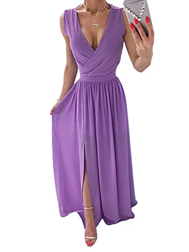 Tomwell Damen Kleid Ärmellose Cocktailkleider Knielang Abendkleider Elegant Spitzenkleid V-Ausschnitt Asymmetrisches Brautjungfernkleid A Violett XXL von Tomwell