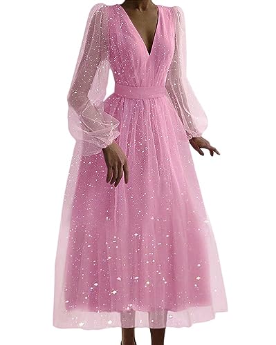 Tomwell Damen Kleid Sexy V-Ausschnitt Mode Kleid Laterne Langarm Glänzend Abendkleid Hohe Taille Schlank Midi Kleid Swing Cocktailkleid B Rosa XL von Tomwell