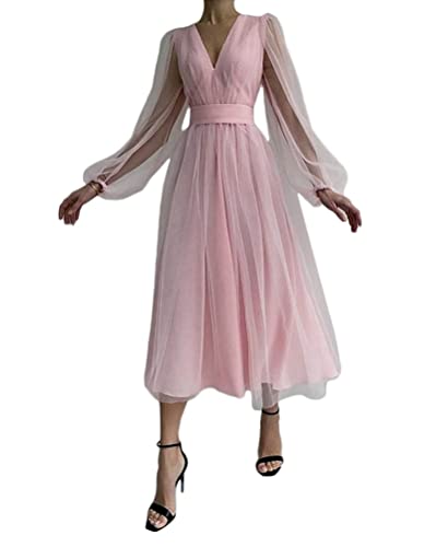 Tomwell Damen Kleid Sexy V-Ausschnitt Mode Kleid Laterne Langarm Glänzend Abendkleid Hohe Taille Schlank Midi Kleid Swing Cocktailkleid E Rosa XL von Tomwell