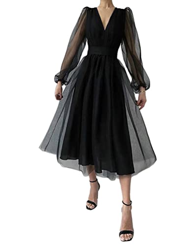 Tomwell Damen Kleid Sexy V-Ausschnitt Mode Kleid Laterne Langarm Glänzend Abendkleid Hohe Taille Schlank Midi Kleid Swing Cocktailkleid E Schwarz XL von Tomwell