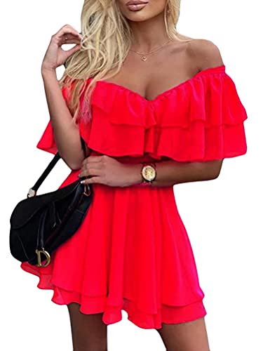 Tomwell Damen Kleid Strandkleid Sexykleid A-Linie Sommerkleid Schulterfrei Ärmellos Partykleid Rot M von Tomwell