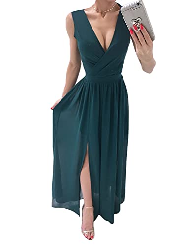Tomwell Damen Kleid mit Schlitz V-Ausschnitt Ärmellos Retro Elegant Cocktailkleid Einfarbig Hochzeit Brautjungfernkleid Bodenlang Partykleid A Grün XS von Tomwell
