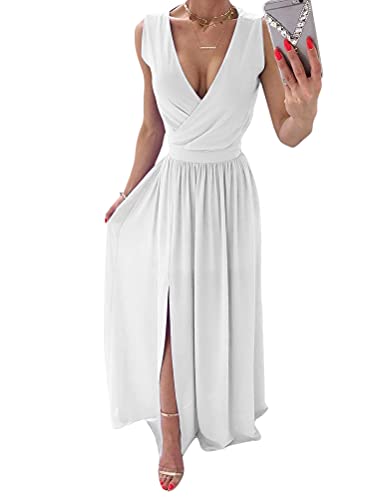 Tomwell Damen Kleid mit Schlitz V-Ausschnitt Ärmellos Retro Elegant Cocktailkleid Einfarbig Hochzeit Brautjungfernkleid Bodenlang Partykleid A Weiß XL von Tomwell