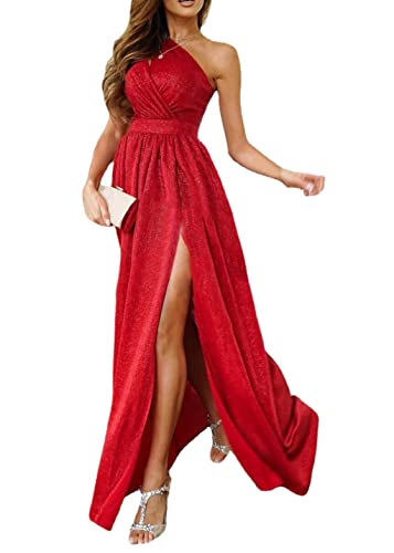 Tomwell Damen Kleid mit Schlitz V-Ausschnitt Ärmellos Retro Elegant Cocktailkleid Einfarbig Hochzeit Brautjungfernkleid Bodenlang Partykleid F Rot L von Tomwell