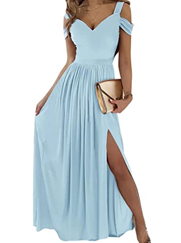 Tomwell Damen Kleid mit Schlitz V-Ausschnitt Elegant Hohe Taille Cocktailkleid Einfarbig Hochzeit Brautjungfernkleid Lang Partykleid C Blau M von Tomwell