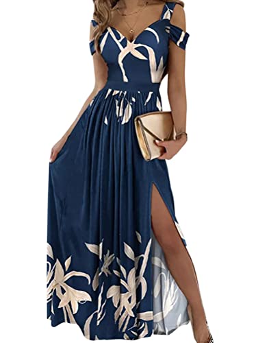 Tomwell Damen Kleid mit Schlitz V-Ausschnitt Elegant Hohe Taille Cocktailkleid Einfarbig Hochzeit Brautjungfernkleid Lang Partykleid C Dunkelblau XXL von Tomwell
