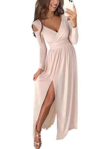 Tomwell Damen Kleid mit Schlitz V-Ausschnitt Langarm Elegant Hohe Taille Cocktailkleid Einfarbig Hochzeit Brautjungfernkleid Lang Partykleid von Tomwell