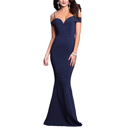 Tomwell Damen Kleider Fischschwanz Langes Kleid Ballkleid Sexy Formelle Brautjungfer Meerjungfrau Elegante Kleider V-Ausschnitt Schlanke Maxi Beach Hochzeit Midirock Z Dunkelblau S von Tomwell